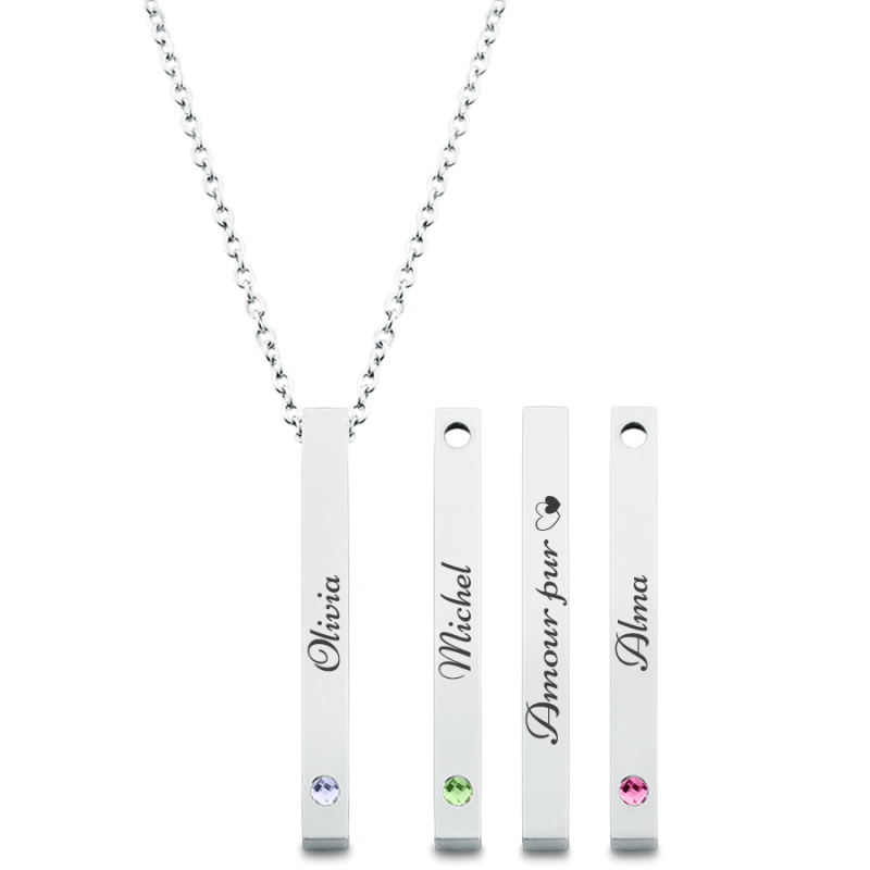 Collier Personnalisé 4 Faces avec 3 Pierres de Naissance
