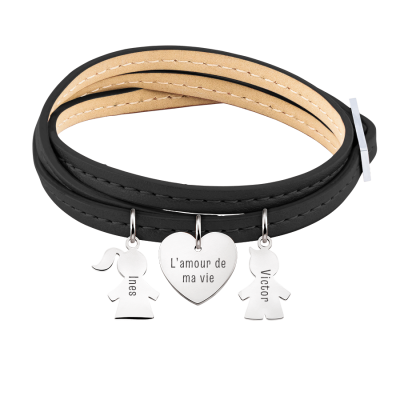 Bracelet Personnalisé Fils & Fille en Cuir Noir